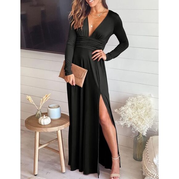 Anrabess Women Medium Deep V Neck High Waist Slit EveningMaxi Dress Long Casual - Picture 3 of 9